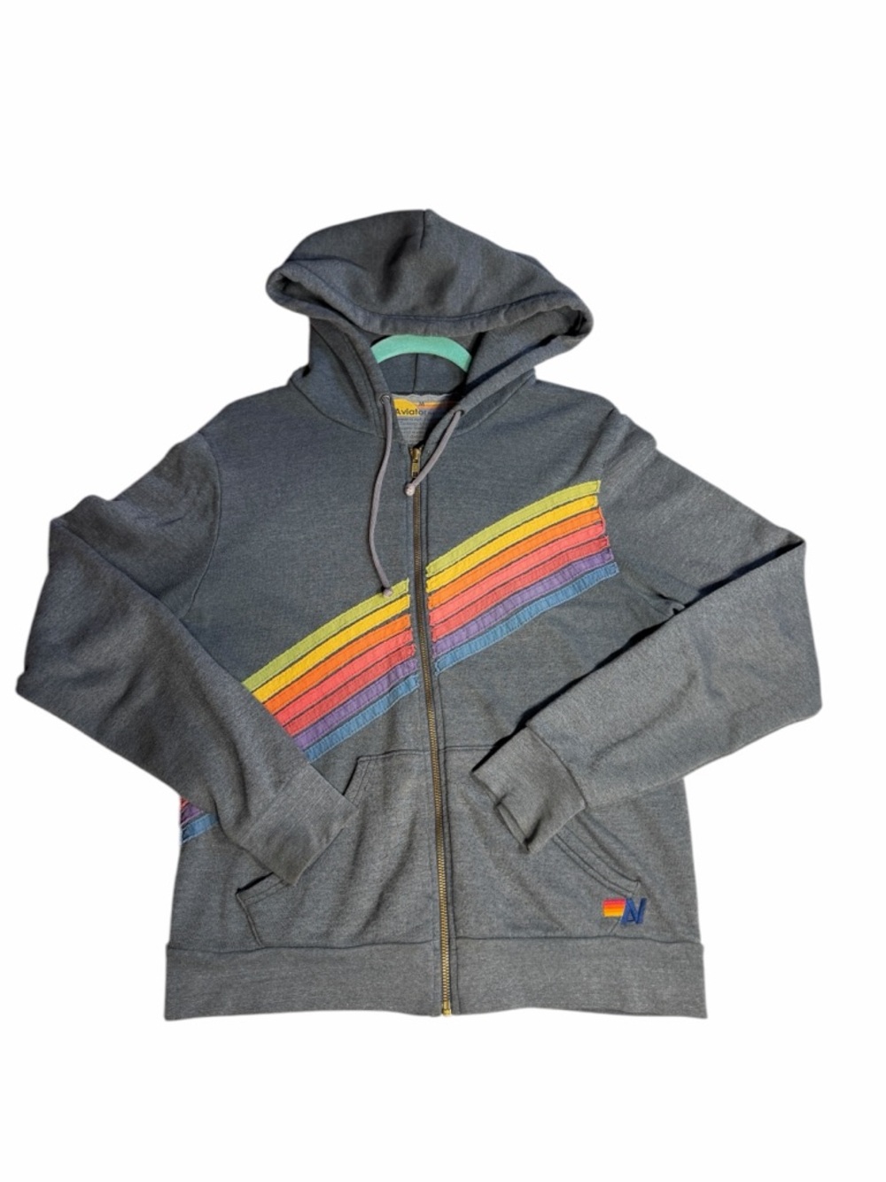 Aviator Nation *RARE* Charcoal Gray Zip Hoodie with Diagonal Rainbow Stripe - M